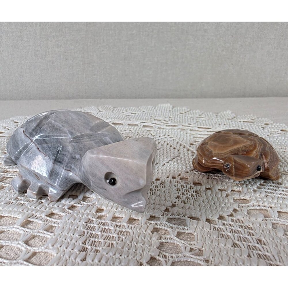 Vintage Hand-Carved Stone Turtle Figurines Set Of 2 Decorative Tortoise Sculptur